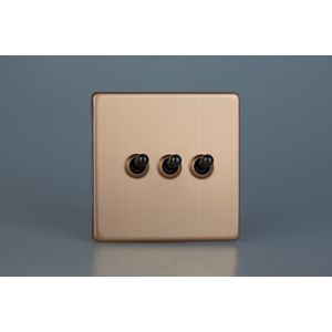 XDYT3S.BC Varilight 3 Gang 10 Amp Toggle Switch Urban Screwless Brushed Copper Finish With Iridium Black Toggle Switches