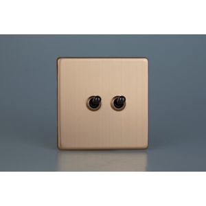 XDYT71S.BC Varilight 2 Gang Comprising of 1 Intermediate (3 Way) and 1 Standard (1 or 2 Way) 10 Amp Toggle Switch Urban Screwless Brushed Copper Finish With Iridium Black Toggle Switches