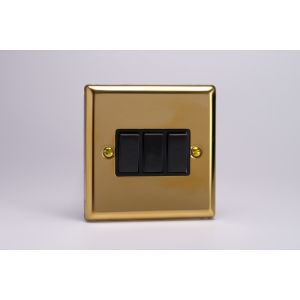 XV3B Varilight 3 Gang 10 Amp Switch Classic Victorian Polished Brass Coated with Black Switches