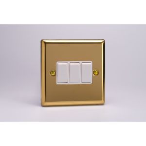 XV3W Varilight 3 Gang 10 Amp Switch Classic Victorian Polished Brass Coated with White Switches