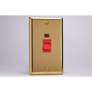 XV45N Varilight 45 Amp Double Pole Vertical Cooker Switch with Neon Classic Victorian Polished Brass Coated with Red Switch