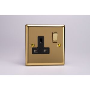 XV4DB Varilight 1 Gang 13 Amp Double Pole Switched Socket Classic Victorian Polished Brass Coated with Black Socket and Polished Brass Switch