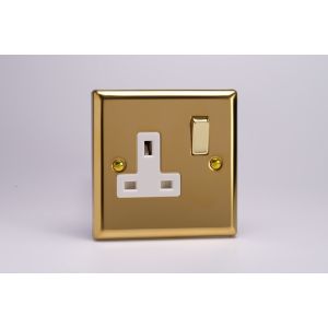 XV4DW Varilight 1 Gang 13 Amp Double Pole Switched Socket Classic Victorian Polished Brass Coated with White Socket and Polished Brass Switch