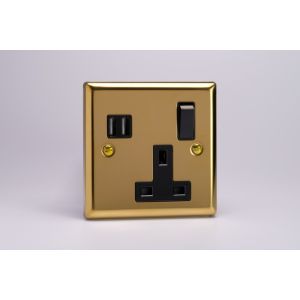 XV4U2SB Varilight 1 Gang 13 Amp Single Pole Switched Socket with 2 x 5V DC 3.4 Amp USB Charging Ports Classic Victorian Polished Brass Coated with Black Sockets, and Black Switch