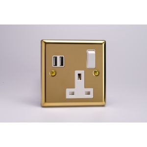 XV4U2SW Varilight 1 Gang 13 Amp Single Pole Switched Socket with 2 x 5V DC 3.4 Amp USB Charging Ports Classic Victorian Polished Brass Coated with White Sockets, and White Switch