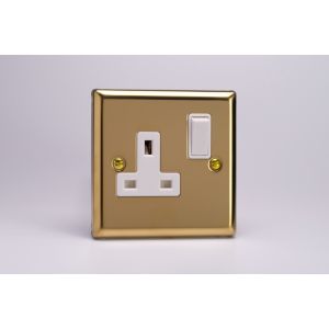 XV4W Varilight 1 Gang 13 Amp Double Pole Switched Socket Classic Victorian Polished Brass Coated with White Switch