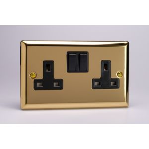 XV5B Varilight 2 Gang 13 Amp Double Pole Switched Socket Classic Victorian Polished Brass Coated with Black Sockets and Black Switches