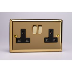 XV5DB Varilight 2 Gang 13 Amp Double Pole Switched Socket Classic Victorian Polished Brass Coated with Black Sockets and Polished Brass Switches