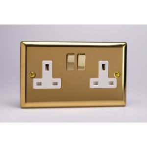 XV5W Varilight 2 Gang 13 Amp Double Pole Switched Socket Classic Victorian Polished Brass Coated with White Sockets and White Switches