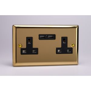 XV5U2B Varilight 2 Gang 13 Amp Single Pole Unswitched Socket with 2 Optimised USB Charging Ports Classic Victorian Polished Brass Coated with Black Sockets