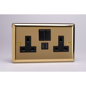 XV5U2SB Varilight 2 Gang 13 Amp Single Pole Switched Socket with 2 x 5V DC 2.1 Amp USB Charging Ports Classic Victorian Polished Brass Coated with Black Sockets, and Black Switches