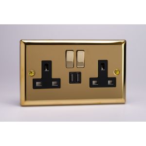 XV5U2SDB Varilight 2 Gang 13 Amp Single Pole Switched Socket with 2 x 5V DC 2.1 Amp USB Charging Ports Classic Victorian Polished Brass Coated with Black Sockets, and Polished Brass Switches