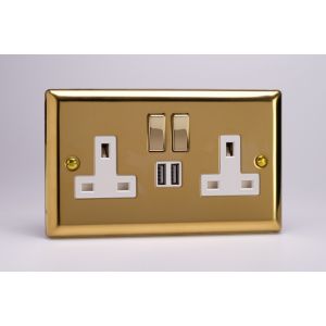 XV5U2SDW Varilight 2 Gang 13 Amp Single Pole Switched Socket with 2 x 5V DC 2.1 Amp USB Charging Ports Classic Victorian Polished Brass Coated with White Sockets, and Polished Brass Switches