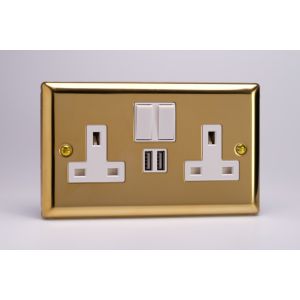 XV5U2SW Varilight 2 Gang 13 Amp Single Pole Switched Socket with 2 x 5V DC 2.1 Amp USB Charging Ports Classic Victorian Polished Brass Coated with White Sockets, and White Switches