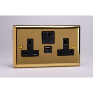 XV5UACB Varilight 2 Gang 13 Amp Single Pole Switched Socket with 20 Watt USB-A and USB-C Charging Ports With Qualcomm QuickCharge 3.0 Classic Victorian Polished Brass Coated with Black Sockets, and Black Switches