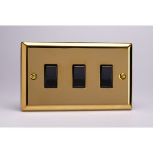 XV93B Varilight 3 Gang 10 Amp Switch Classic Victorian Polished Brass Coated with Black Switches