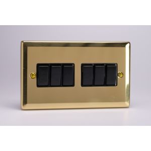 XV96B Varilight 6 Gang 10 Amp Switch Classic Victorian Polished Brass Coated with Black Switches