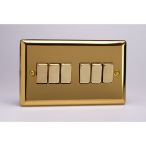 XV96D Varilight 6 Gang 10 Amp Switch Classic Victorian Polished Brass Coated with Polished Brass Switches