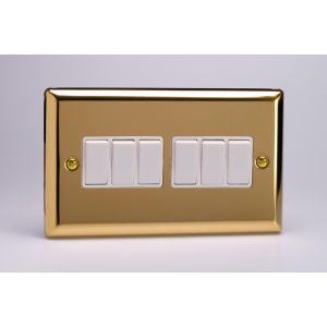 XV96W Varilight 6 Gang 10 Amp Switch Classic Victorian Polished Brass Coated with White Switches