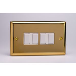 XV9W Varilight 4 Gang 10 Amp Switch Classic Victorian Polished Brass Coated with White Switches