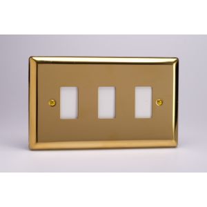 XVPGY3 Varilight 3 Gang Power Grid Faceplate Including Power Grid Frame Classic Victorian Polished Brass Coated