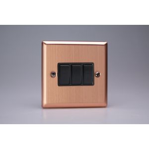 XY3B.BC Varilight 3 Gang 10 Amp Switch Urban Brushed Copper Effect Finish With Black Switches