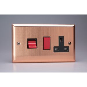 XY45PB.BC Varilight 45 Amp Double Pole Horizontal Cooker Panel with 13 Amp Switched Socket Urban Brushed Copper Effect Finish With Red Switches and Black Socket and Trim