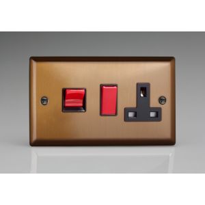 XY45PB.BZ Varilight 45 Amp Double Pole Horizontal Cooker Panel with 13 Amp Switched Socket Urban Brushed Bronze Effect Finish With Red Switches and Black Socket