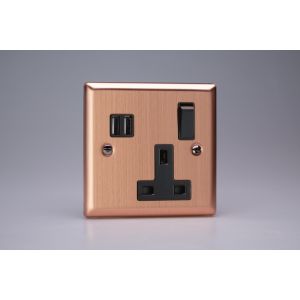 XY4U2SB.BC Varilight 1 Gang 13 Amp Single Pole Switched Socket with 2 x 5V DC 3.4 Amp USB Charging Ports Urban Brushed Copper Effect Finish With Black Sockets and Switches