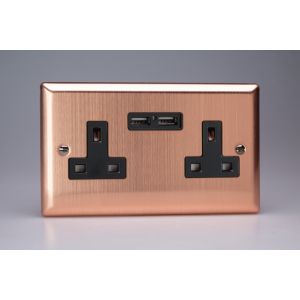 XY5U2B.BC Varilight 2 Gang 13 Amp Single Pole Unswitched Socket with 2 Optimised USB Charging Ports Urban Brushed Copper Effect Finish With Black Sockets