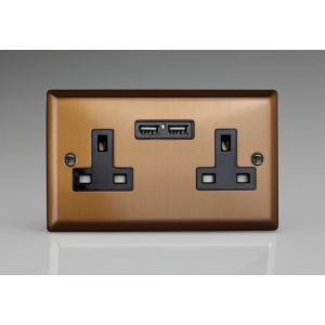 XY5U2B.BZ Varilight 2 Gang 13 Amp Single Pole Unswitched Socket with 2 Optimised USB Charging Ports Urban Brushed Bronze Effect Finish With Black Sockets