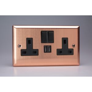 XY5U2SB.BC Varilight 2 Gang 13 Amp Single Pole Switched Socket with 2 x 5V DC 2.1 Amp USB Charging Ports Urban Brushed Copper Effect Finish With Black Sockets and Black Switches