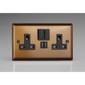 XY5U2SB.BZ Varilight 2 Gang 13 Amp Single Pole Switched Socket with 2 x 5V DC 2.1 Amp USB Charging Ports Urban Brushed Bronze Effect Finish With Black Sockets, and Black Switches