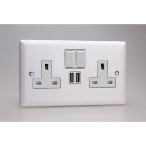 XY5U2SW.CW Varilight 2 Gang 13 Amp Single Pole Switched Socket with 2 x 5V DC 2.1 Amp USB Charging Ports Urban Powder Coated Chalk White Finish with White Sockets and White Switches