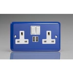 XY5U2SW.RB Varilight 2 Gang 13 Amp Single Pole Switched Socket with 2 x 5V DC 2.1 Amp USB Charging Ports Lily Reflex Blue with White Sockets, and White Switches