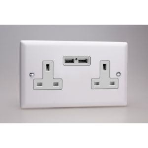 XY5U2W.CW Varilight 2 Gang 13 Amp Single Pole Unswitched Socket with 2 Optimised USB Charging Ports Urban Powder Coated Chalk White Finish with White Sockets