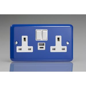 XY5UACW.RB Varilight 2 Gang 13 Amp Single Pole Switched Socket with 20 Watt USB-A and USB-C Charging Ports With Qualcomm QuickCharge 3.0 Lily Reflex Blue with White Sockets and White Switches