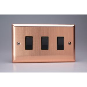 XY73B.BC Varilight 3 Gang Comprising of 3 Intermediate (3 Way) 10 Amp Switch Urban Brushed Copper Effect Finish With Black Switches On a Double Plate