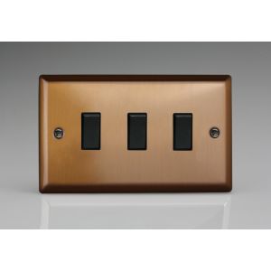 XY73B.BZ Varilight 3 Gang Comprising of 3 Intermediate (3 Way) 10 Amp Switch Urban Brushed Bronze Effect Finish With Black Switches On a Double Plate