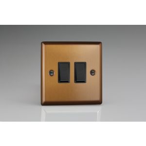 XYBP2B.BZ Varilight 2 Gang 10 Amp Push-to-make, Bell Push, Retractive Switch Urban Brushed Bronze Effect Finish With Black Switches