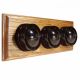 LIN01-3-H-MO-S2W Triple Linden Brown Bakelite Dolly Switch, 1- or 2- Way, 6 Amp, on a Horizontal Medium Oak Base