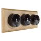 LIN01-3-H-UO-S2W Triple Linden Brown Bakelite Dolly Switch, 1- or 2- Way, 6 Amp, on a Horizontal Unfinished Oak Base