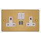 XDE5U2SW.BB Varilight 2 Gang 13 Amp Single Pole Switched Socket with 2 x 5V DC 2.1 Amp USB Charging Ports Essential Brushed Brass Finish With White Sockets, and White Switches