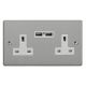 XDE5U2W.BS Varilight 2 Gang 13 Amp Single Pole Unswitched Socket with 2 Optimised USB Charging Ports Essential Brushed Steel Finish With White Sockets