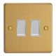 XDEBP2W.BB [XDEPGY2.BB +  2x G100PW] Varilight 2 Gang 10 Amp Push-to-make, Bell Push, Retractive Switch Essential Brushed Brass Finish With White Switches