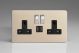 XDN5U2SBS Varilight 2 Gang 13 Amp Single Pole Switched Socket with 2 x 5V DC 2.1 Amp USB Charging Ports Screwless Satin Chrome Effect Finish With Black Sockets, and Polished Chrome Switches