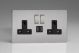 XDS5U2SBS Varilight 2 Gang 13 Amp Single Pole Switched Socket with 2 x 5V DC 2.1 Amp USB Charging Ports Screwless Brushed Stainless Steel With Black Sockets, and Brushed Steel Switches