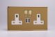 XDV5U2SWS Varilight 2 Gang 13 Amp Single Pole Switched Socket with 2 x 5V DC 2.1 Amp USB Charging Ports Screwless Polished Brass Coated With White Sockets, and Polished Brass Switches