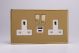 XDV5UACWS Varilight 2 Gang 13 Amp Single Pole Switched Socket with USB-A and USB-C Charging Ports With Qualcomm QuickCharge 3.0 Screwless Polished Brass Coated With White Sockets, and Polished Brass Switches